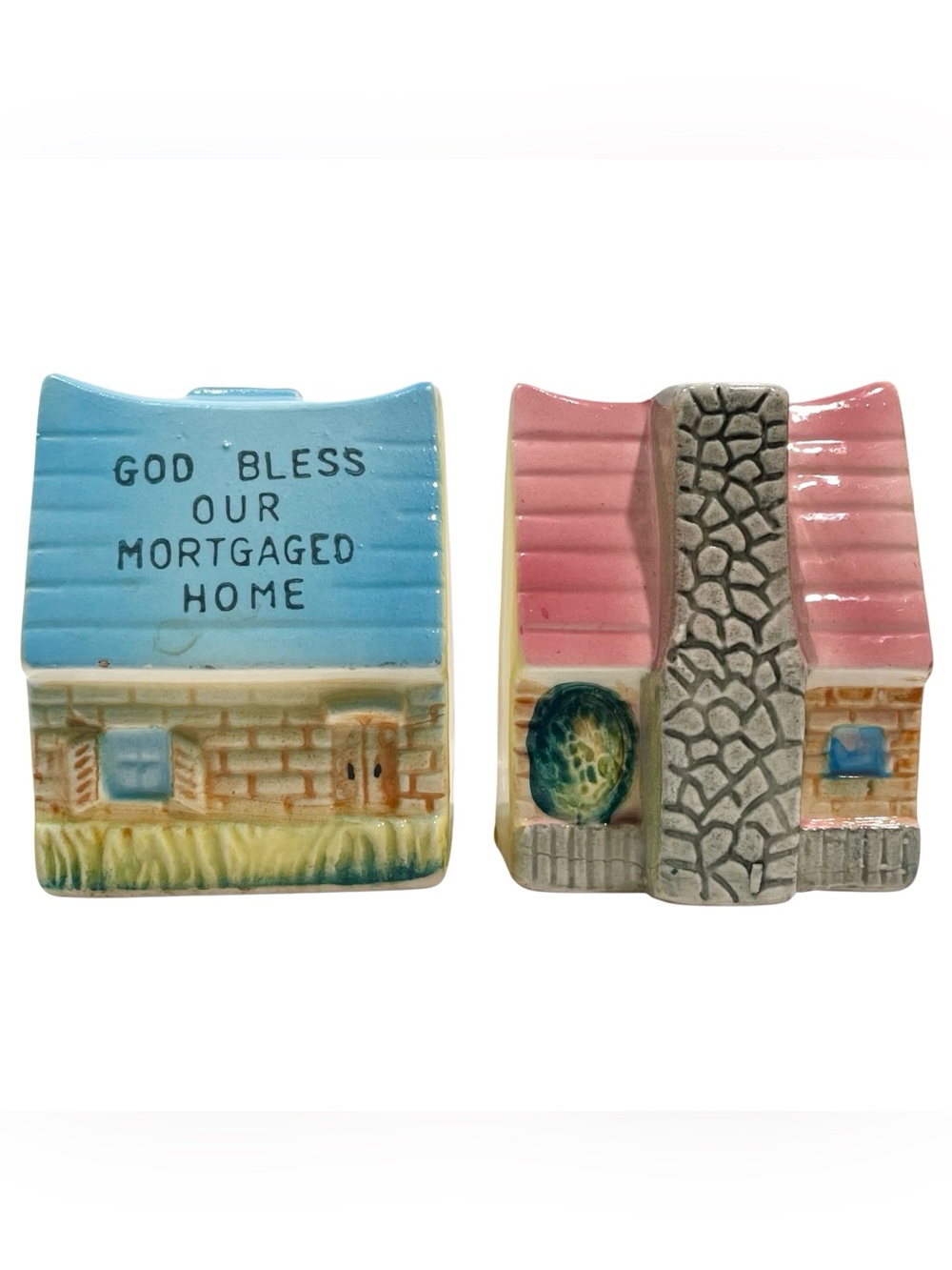 Vintage 1960s God Bless Our Mortgaged Home Salt & Pepper Made in Japan Kitschy